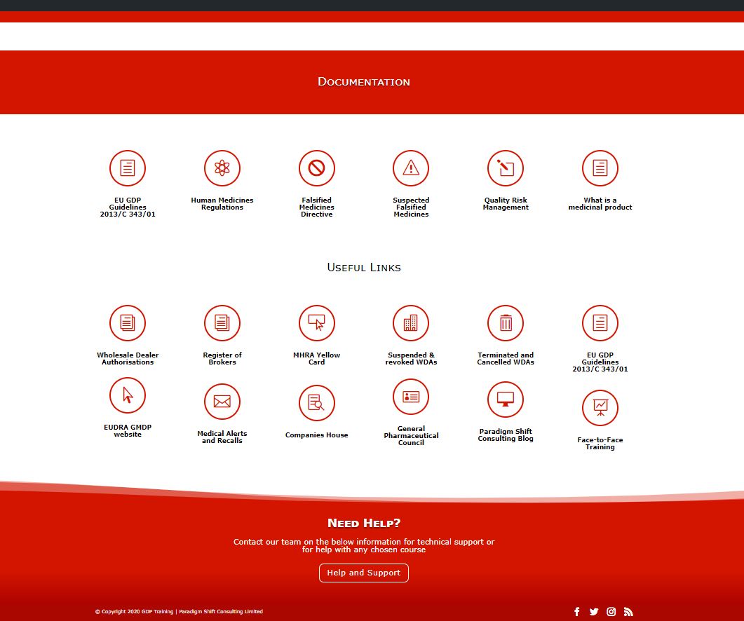 Useful links and documentation screen - GDP Training - 2026
